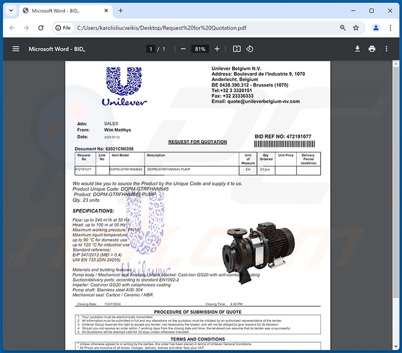 PDF-Datei, die über UNILEVER-E-Mail-Betrug verbreitet wurde (2024-07-01)