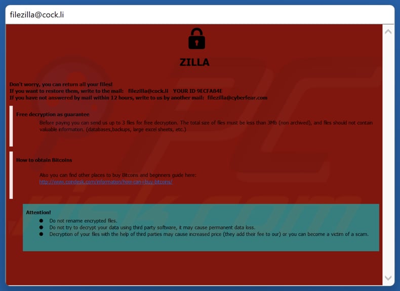 ZILLA ransomware Lösegeldforderung (pop-up window)