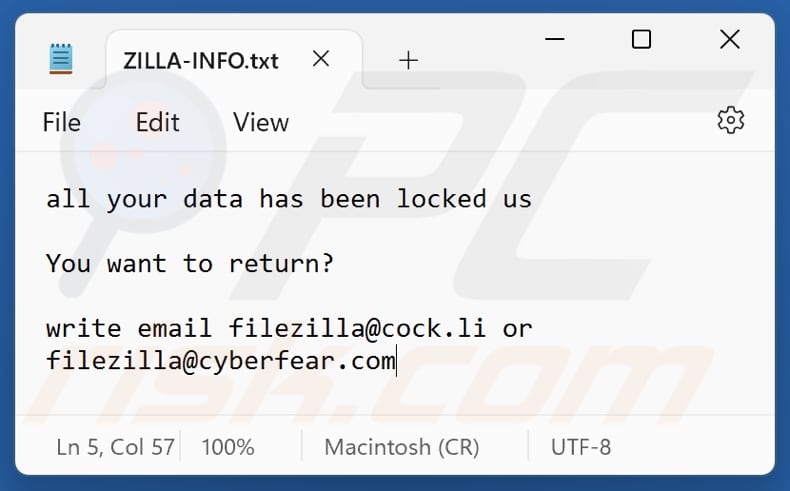 ZILLA ransomware Textdatei (ZILLA-INFO.txt)