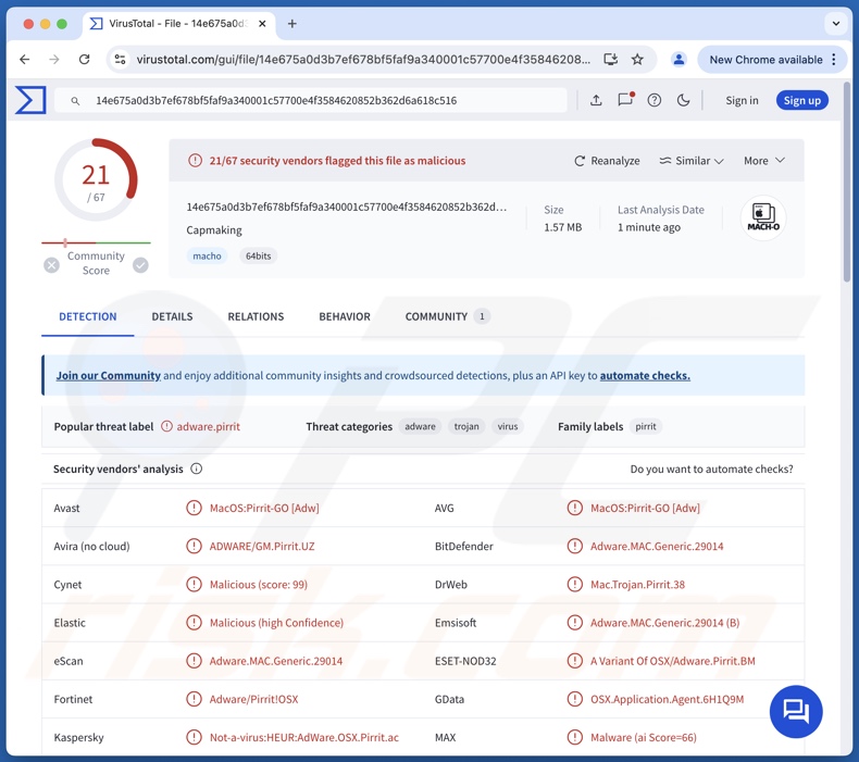 Capmaking.app Adware-Erkennungen auf VirusTotal