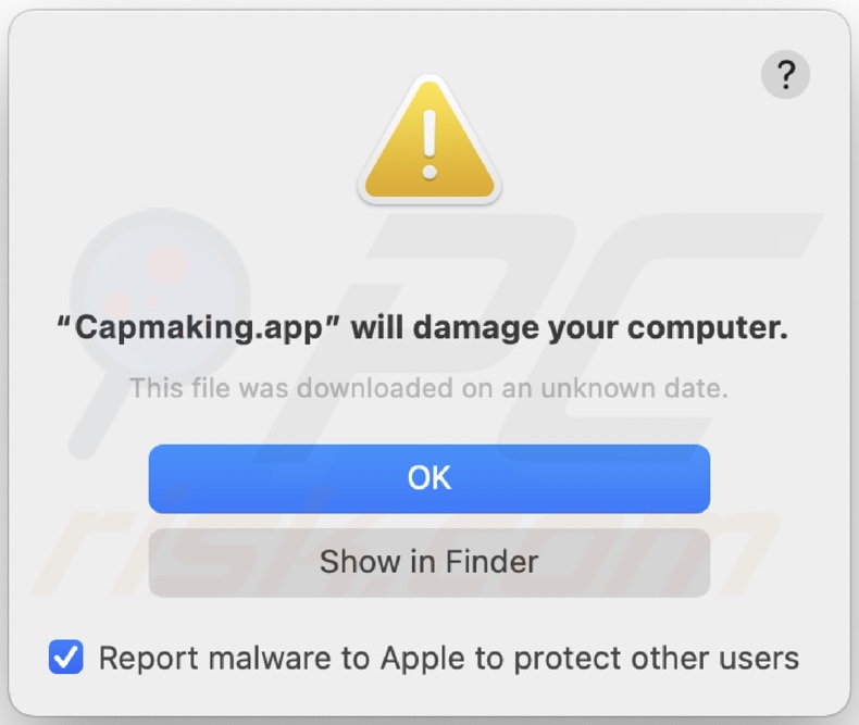 Popup-Fenster, das angezeigt wird, wenn die Adware Capmaking.app auf dem System entdeckt wird