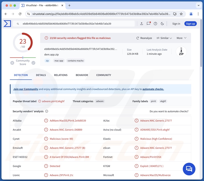 Dem.app Adware-Erkennungen auf VirusTotal