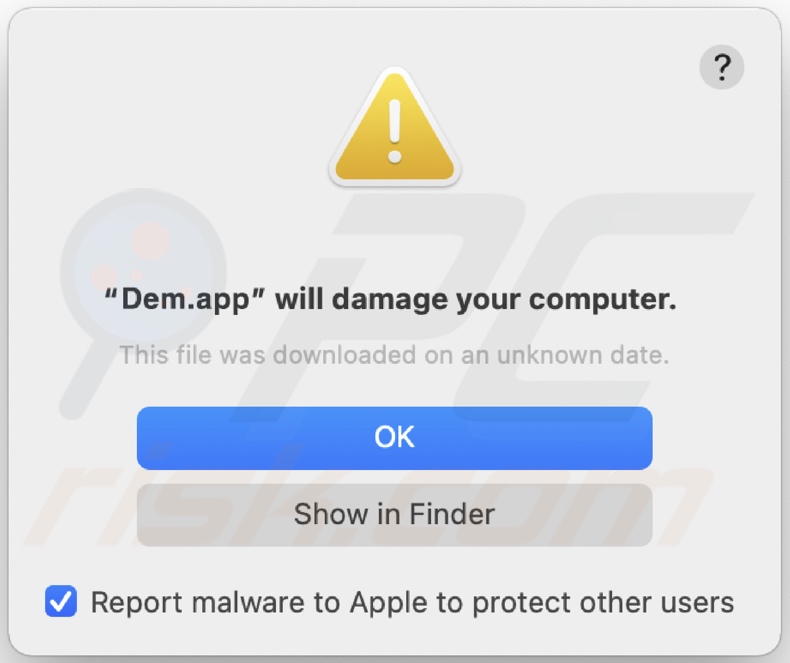 Popup-Fenster, das angezeigt wird, wenn die Adware Dem.app auf dem System entdeckt wird