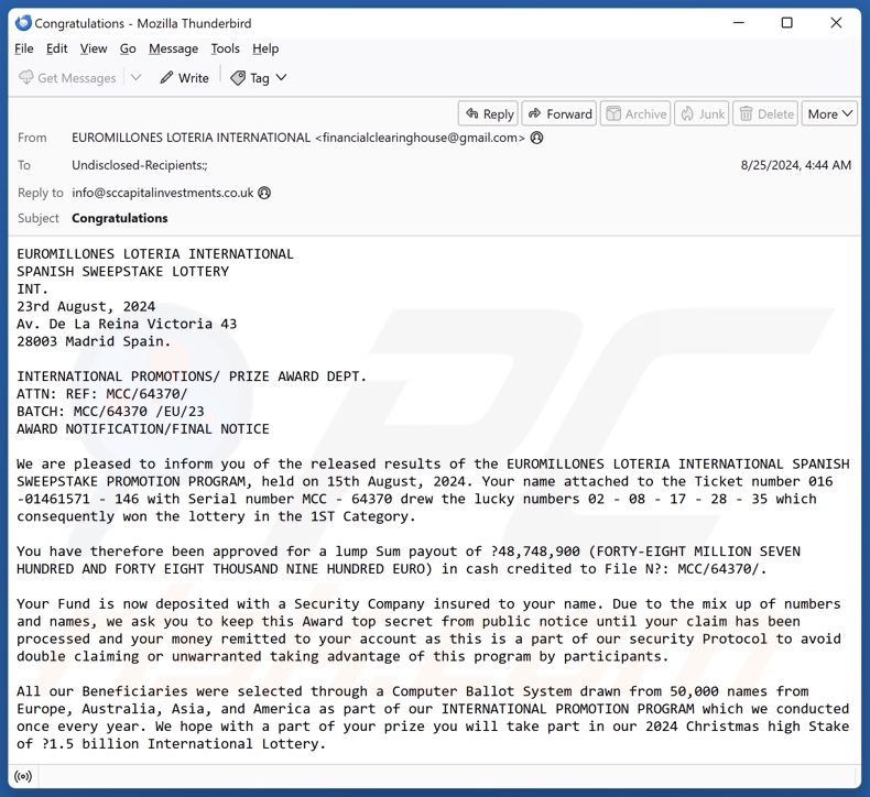 EUROMILLONES LOTERIA INTERNATIONAL E-Mail-Spam-Kampagne