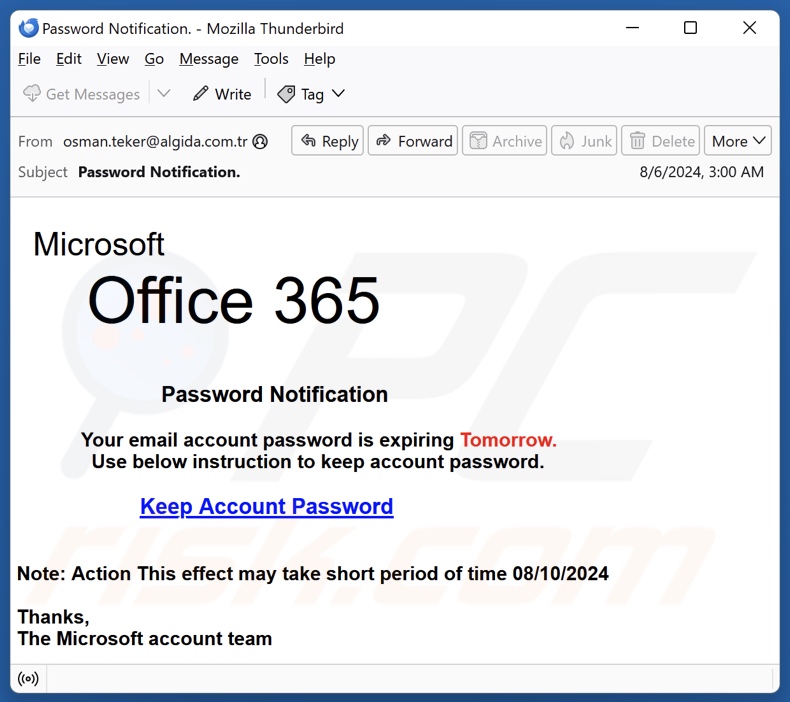 Microsoft Office 365 - Password Notification E-Mail-Spam-Kampagne