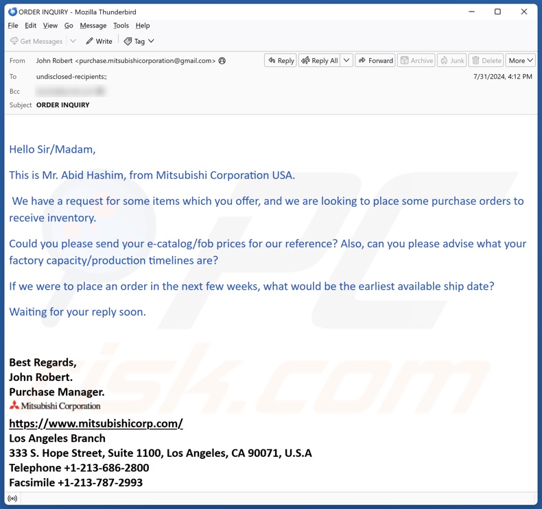 Mitsubishi Corp. email Spam Kampagne