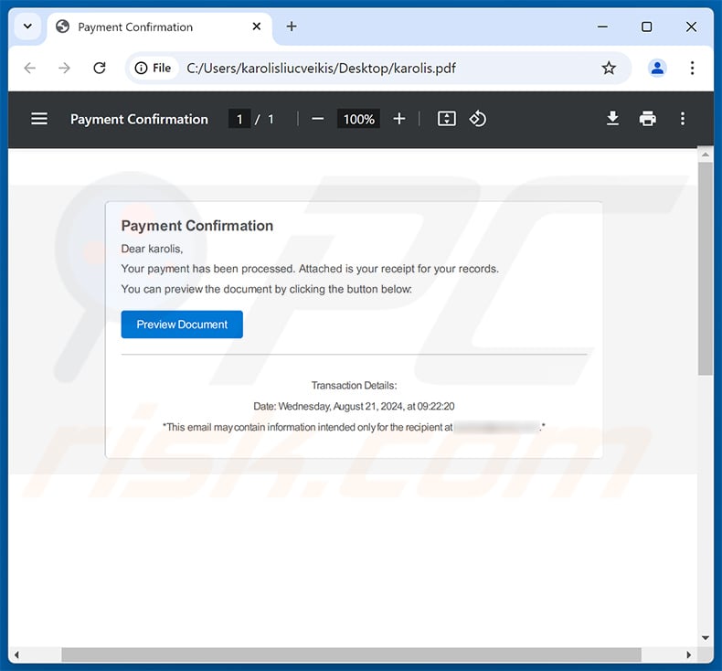 Deceptive PDF document distributed using Payment Confirmation Betrug email (2024-08-27)