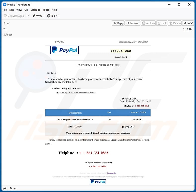 PayPal Order Confirmation email Betrug (2024-08-06)