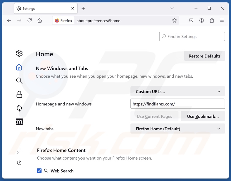 Entfernen von findflarex.com von der Startseite von Mozilla Firefox