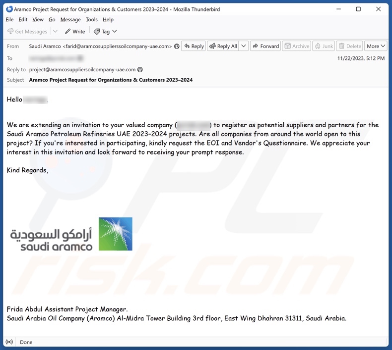 Saudi Aramco Betrugs E-Mail Variante 1