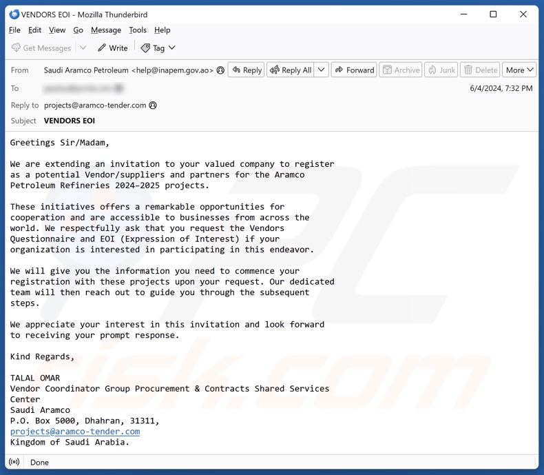 Saudi Aramco Betrügerische E-Mail Version 3