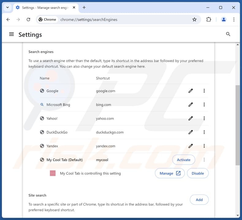 Entfernen von search.mycooltab.com aus der Standardsuchmaschine von Google Chrome