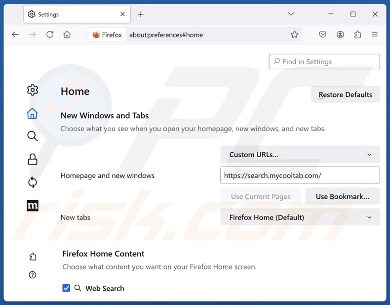 Entfernen von search.mycooltab.com von der Startseite von Mozilla Firefox