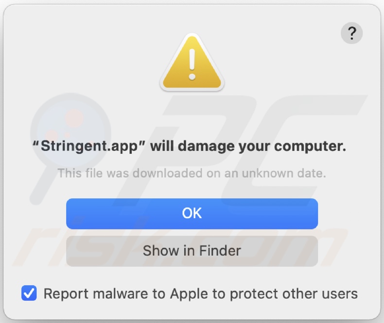 Pop-up, das angezeigt wird, wenn die Adware Stringent.app auf dem System entdeckt wird