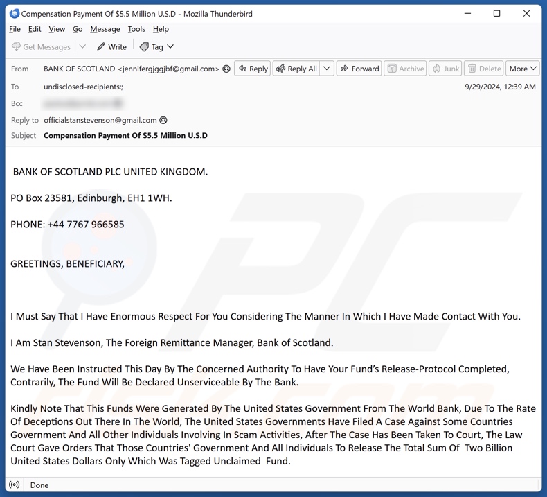 Bank Of Scotland E-Mail Spam Kampagne