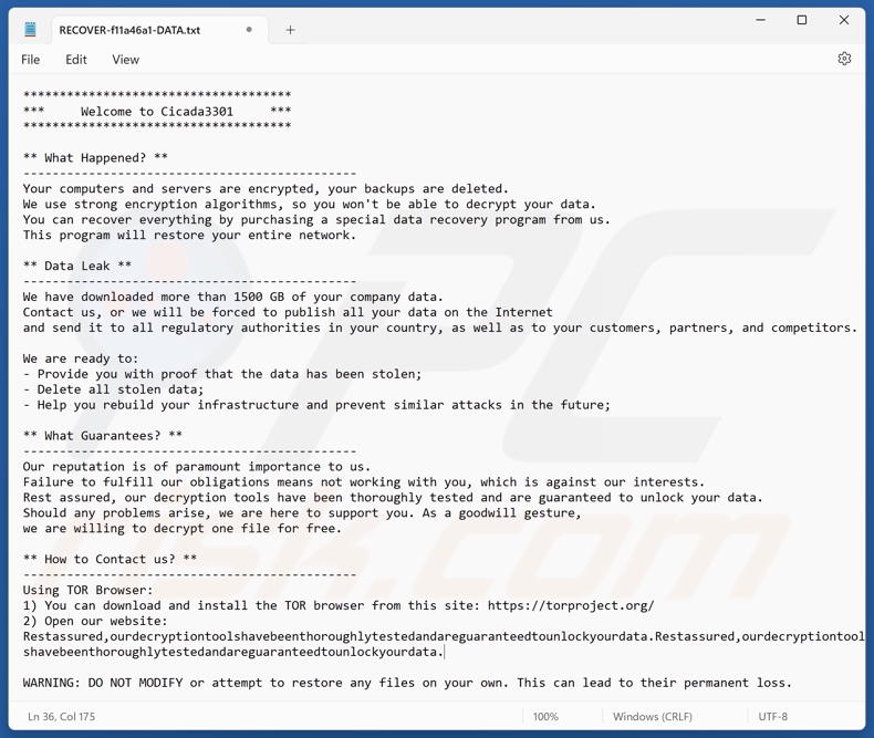 Cicada 3301 ransomware Lösegeldforderung (RESTORE-[file_extension]-DATA.txt)