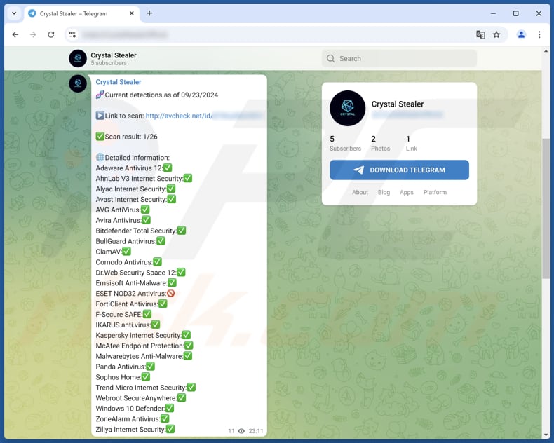 Crystal Stealer auf Telegram beworben