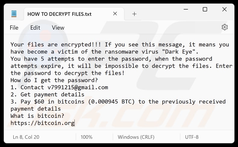 Dark Eye ransomware Textdatei (HOW TO DECRYPT FILES.txt)