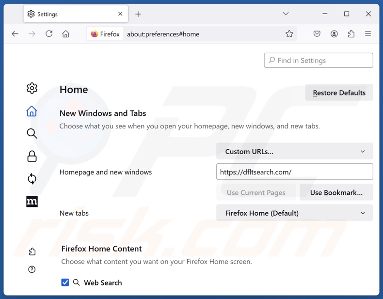 Entfernen von dfltsearch.com von der Startseite von Mozilla Firefox