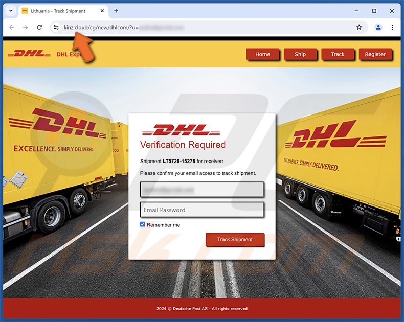 DHL Abholbestätigungs-Betrugs E-Mail wirbt für Phishing Website