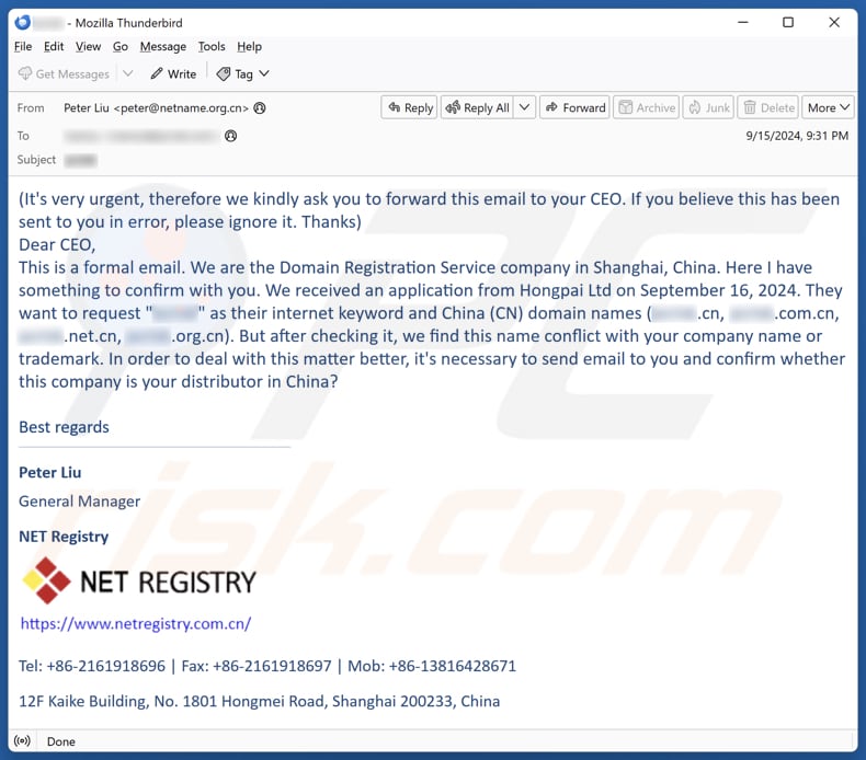 Domain/Company Name Conflict E-Mail Spam-Kampagne