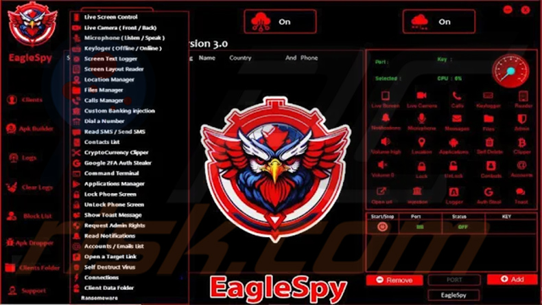 EagleSpy Malware Verwaltungsbereich