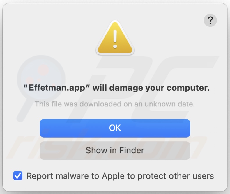 Popup-Fenster, das angezeigt wird, wenn Effetman.app Adware auf dem System entdeckt wird