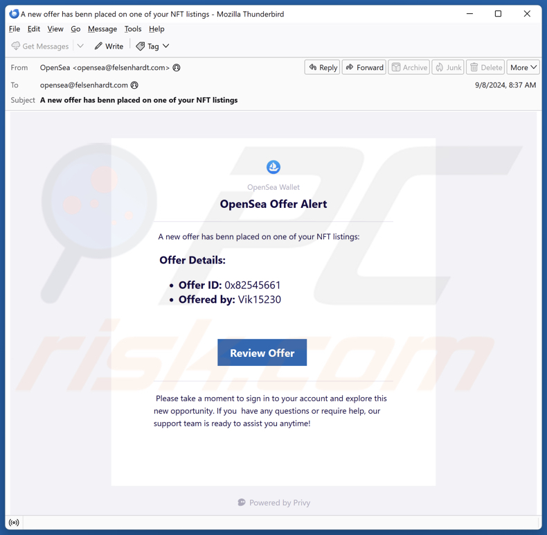 OpenSea Offer Alert E-Mail-Spam Kampagne