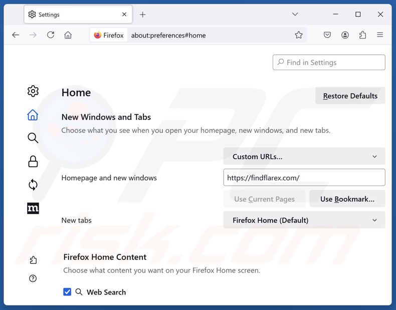 Entfernen von findflarex.com von der Startseite von Mozilla Firefox