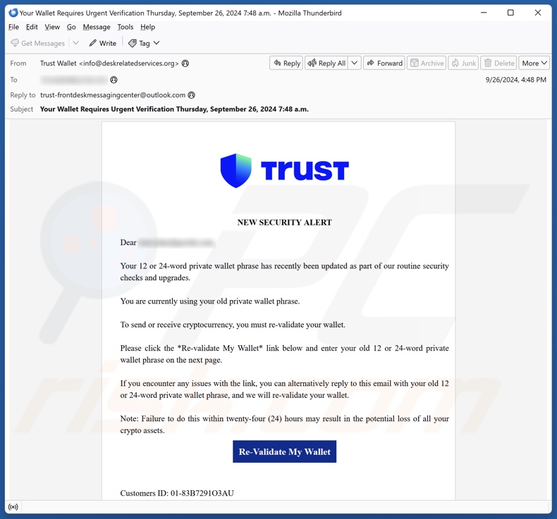 Trust Wallet - New Security Alert E-Mail Spam Kampagne