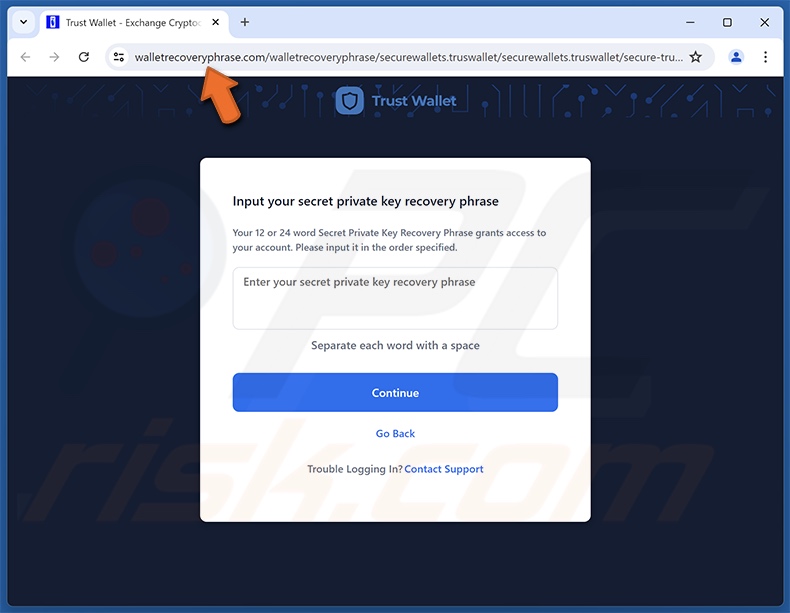 Trust Wallet - New Security Alert Betrugs E-Mail beworben Phishing Website