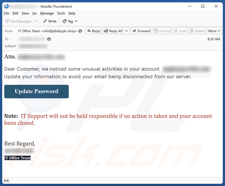 Unusual Activities In Your Account E-Mail-Spam Kampagne