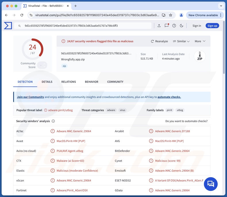 Wrongfully.app Adware-Erkennungen auf VirusTotal