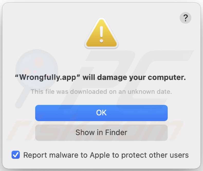 Popup-Fenster, das angezeigt wird, wenn die Adware Wrongfully.app auf dem System entdeckt wird