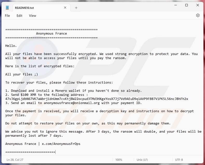 Anonymous France Ransomware-Textdatei (README1.txt - README10.txt)