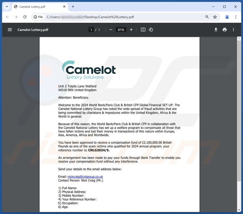 Camelot Lottery Solutions email spam Kampagne