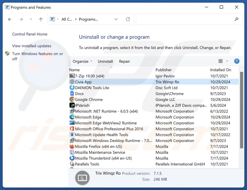 Civia App uninstall via Control Panel