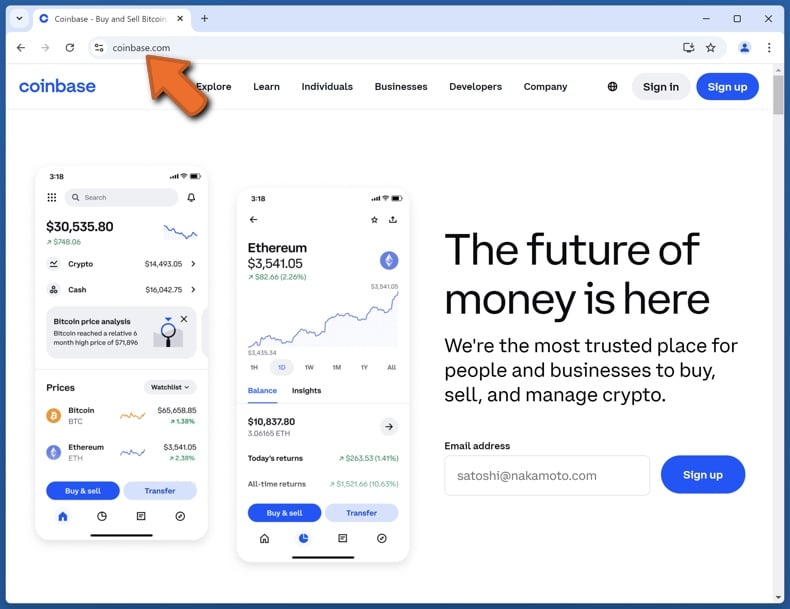 Erscheinungsbild der realen Coinbase website (coinbase.com)