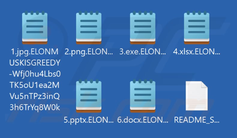 Von der Ransomware ElonMuskIsGreedy verschlüsselte Dateien (mit der Erweiterung .ELONMUSKISGREEDY-[victim's_ID])