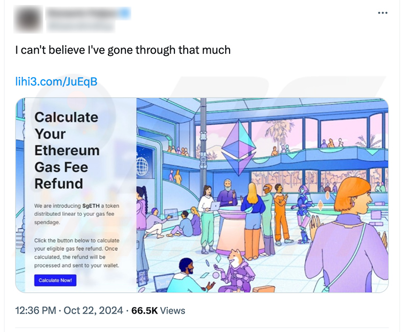 X (Twitter) Beitrag zur Förderung der Ethereum Gas Fee Refunds Drainer Website (ethereum-org.dex-dd[.]com)