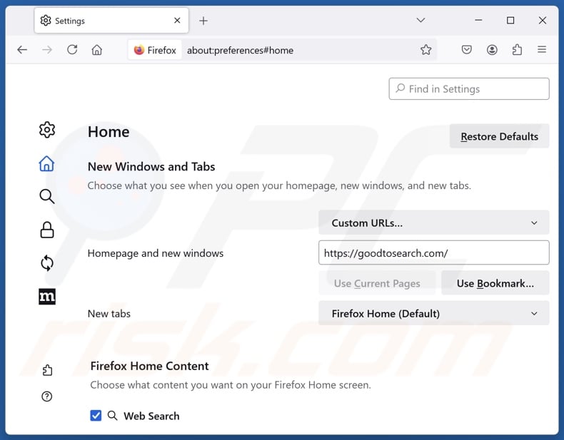 goodtosearch.com von der Startseite von Mozilla Firefox entfernen