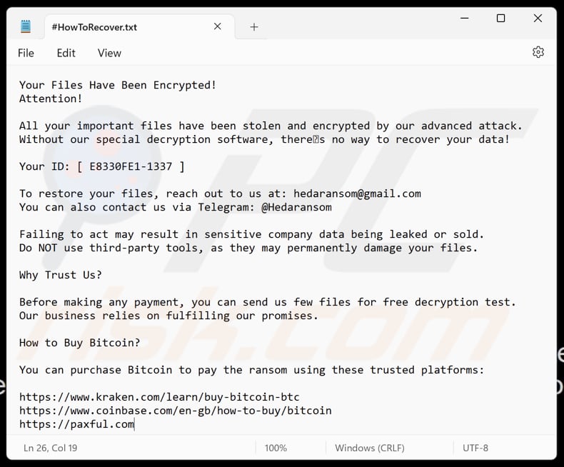 Heda ransomware Textdatei (#HowToRecover.txt)