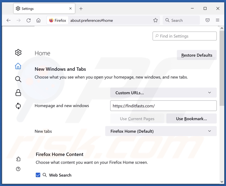 Entfernen von finditfasts.com von der Startseite von Mozilla Firefox