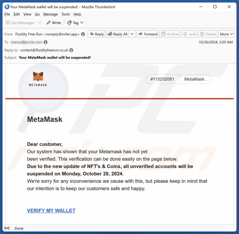 MetaMask Wallet Verification email spam Kampagne