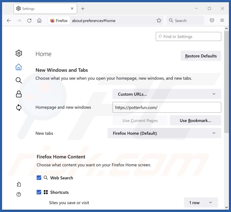Entfernen von potterfun.com von der Startseite von Mozilla Firefox