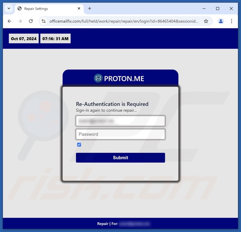 Proton.me Betrugs-E-Mail beworben Phishing-Website