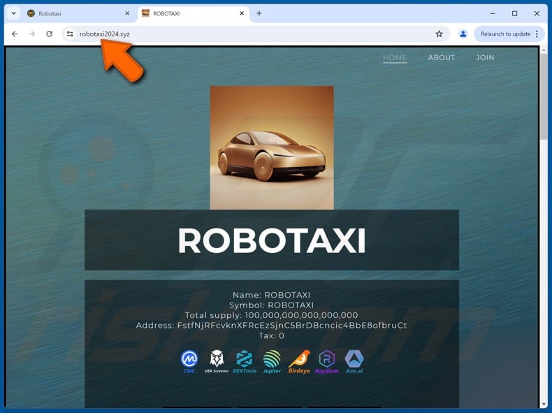 Auftauchen einer Website (robotaxi2024[.]xyz), die für den ROBOTAXI ($TAXI)-Betrug wirbt