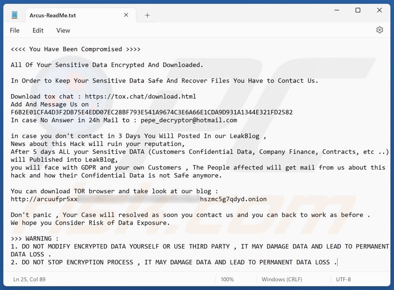 Arcus ransomware Erpresserbrief zweite Variante (Arcus-ReadMe.txt)