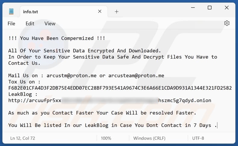 Arcus ransomware Textdatei (info.txt)