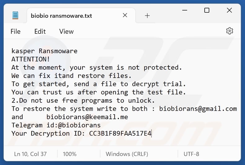 Biobio (Kasper) ransomware Lösegeldforderung (biobio ransmoware.txt)